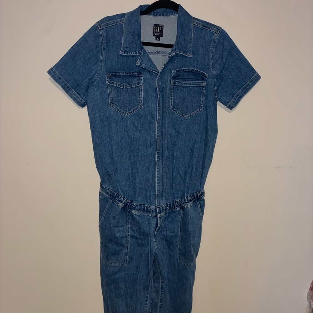 Gap Maternity Denim Jumpsuit Womens Small Blue Short Sleeve Drawstring Waist